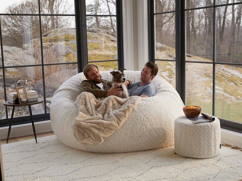 Two men and a dog relaxing in a Lovesac beanbag.